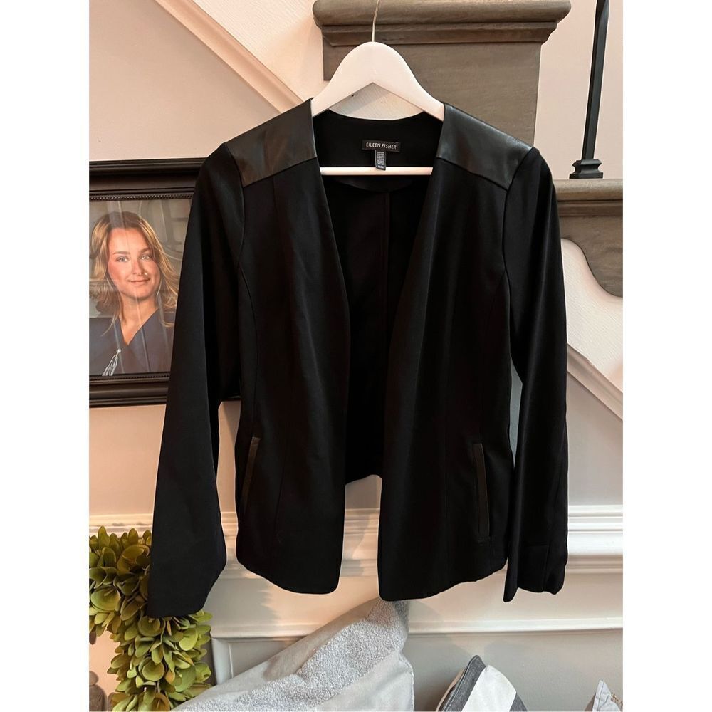 Eileen Fisher Black Jersey & Leather Blazer Jacket sz M EUC Mob Wife